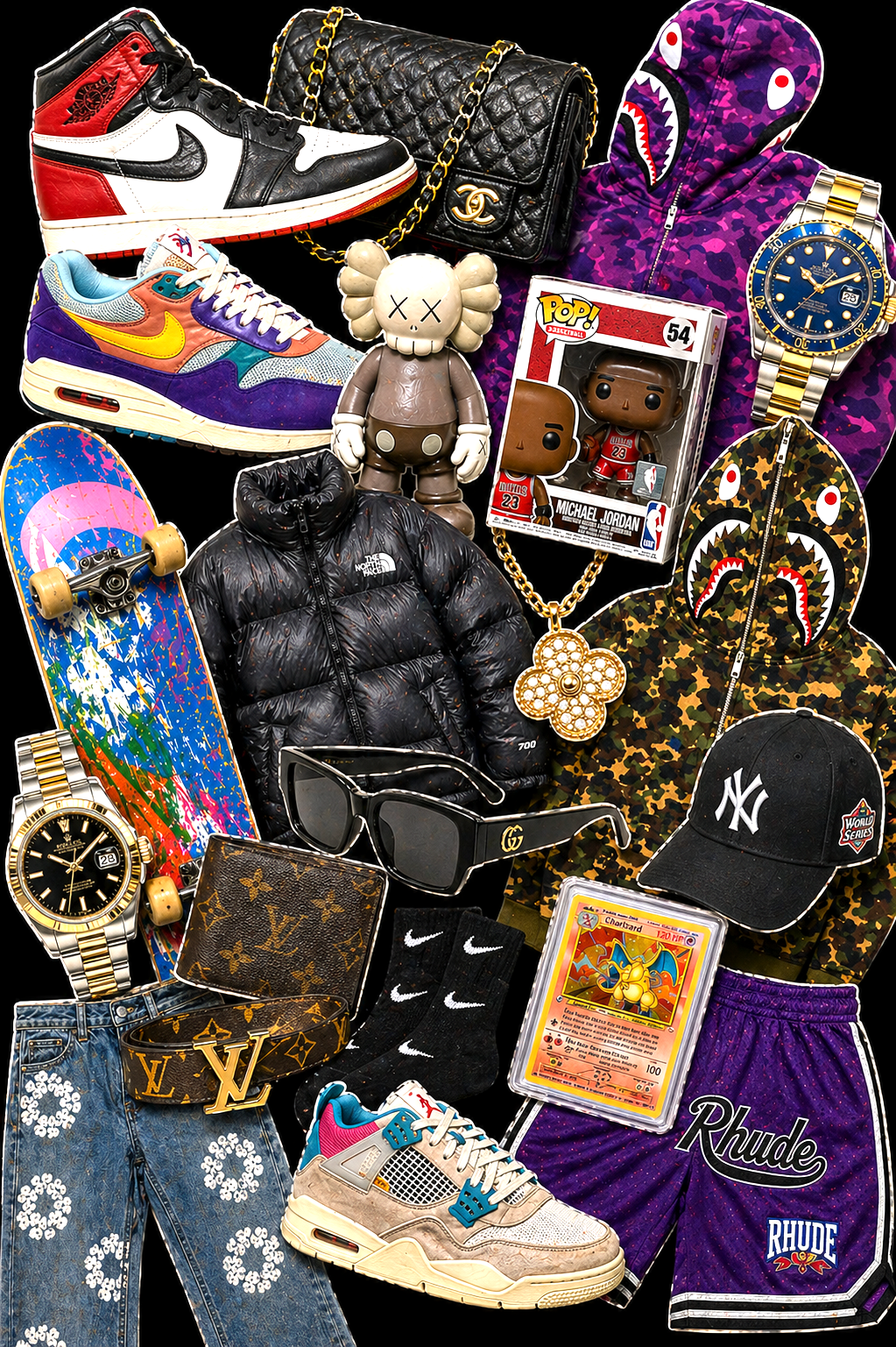 Collage of sneakers, watches, collectibles, clothing, and resale items